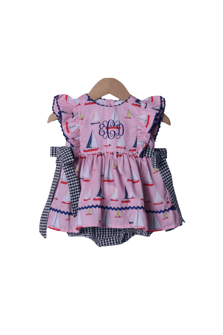 The Smocked Flamingo Sail Away Pink and Blue Skirted Bubble
