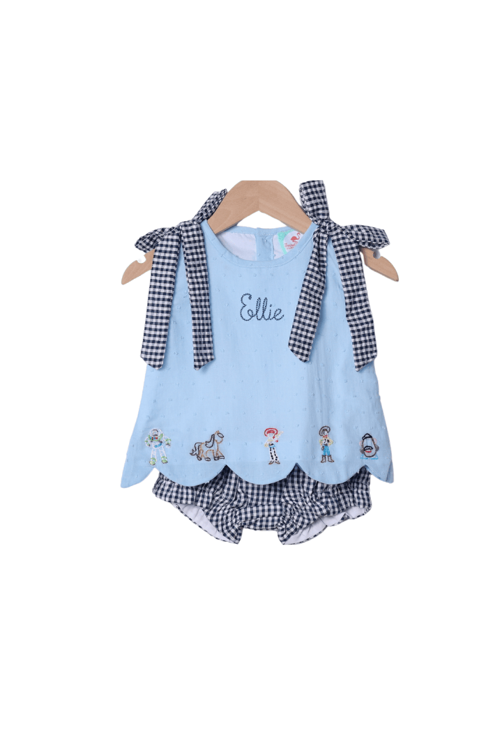 The Smocked Flamingo Shadow Embroidered Cowboy Friends Bloomer Set