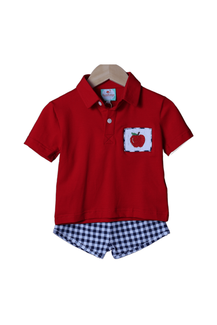 The Smocked Flamingo Smocked Apple Blue Gingham Short Set