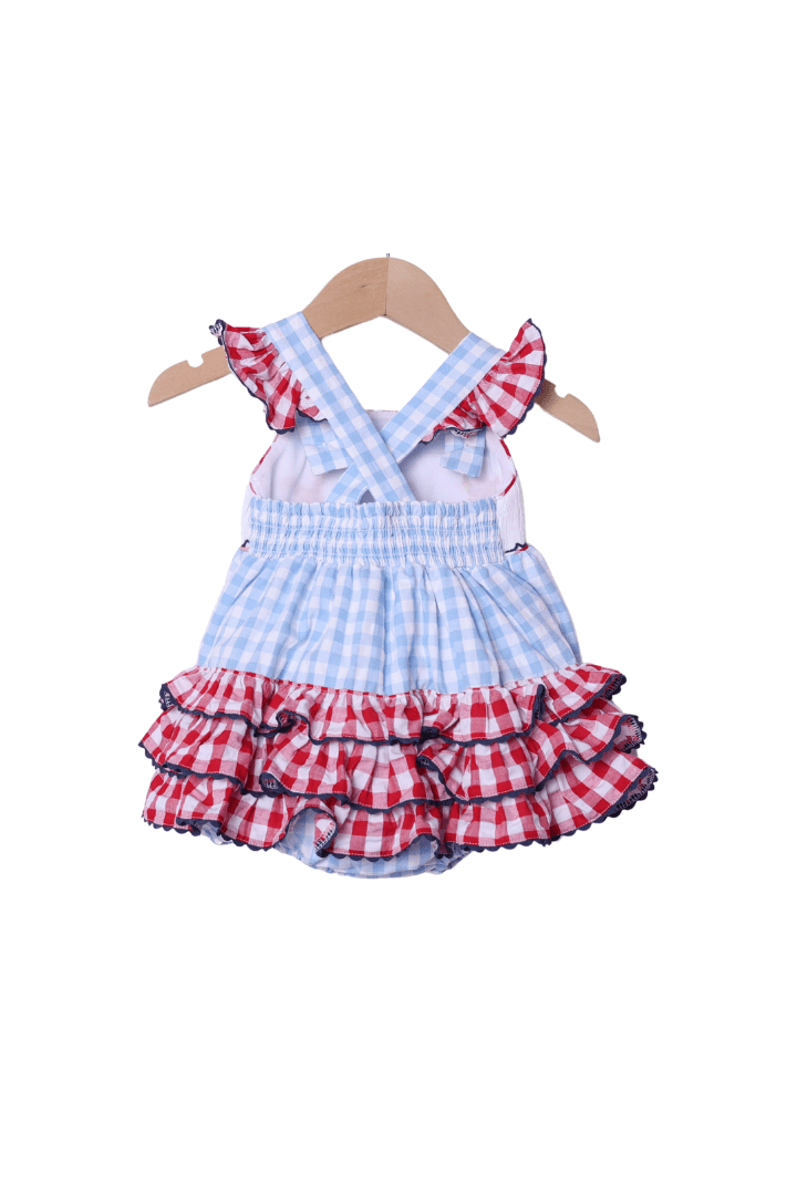 The Smocked Flamingo Smocked Baseball Blue Gingham Ruffle Bubble