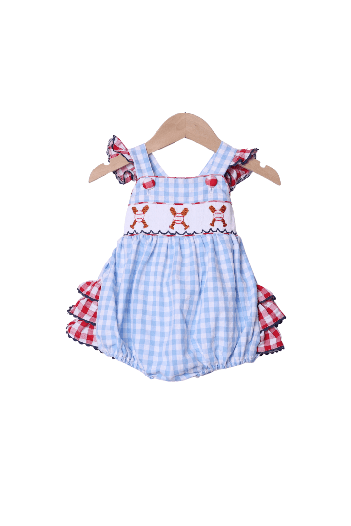 The Smocked Flamingo Smocked Baseball Blue Gingham Ruffle Bubble