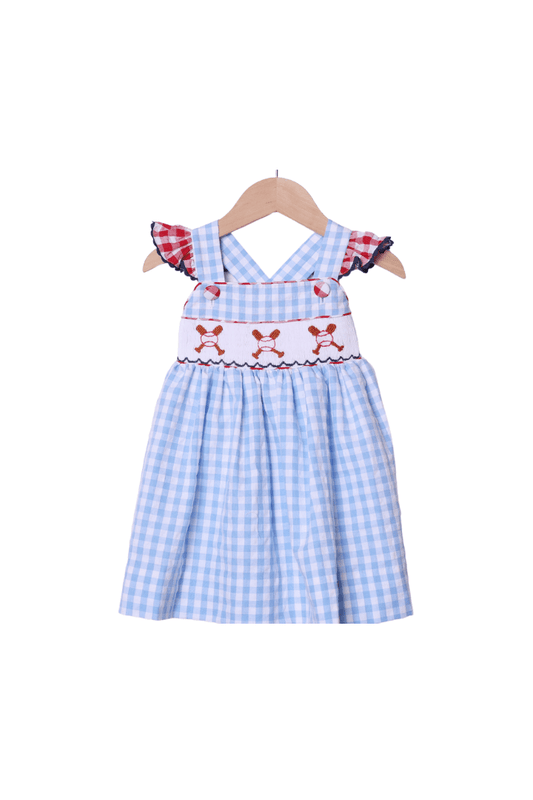 The Smocked Flamingo Smocked Baseball Blue Gingham Ruffle Dress