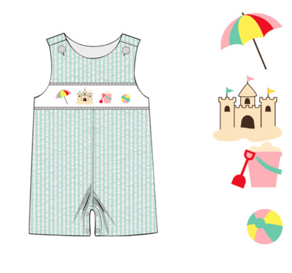 The Smocked Flamingo Smocked Beachy Beachy Mint Seersucker Jon Jon (Tan Button)