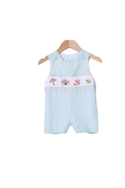 The Smocked Flamingo Smocked Beachy Beachy Mint Seersucker Jon Jon (Tan Button)