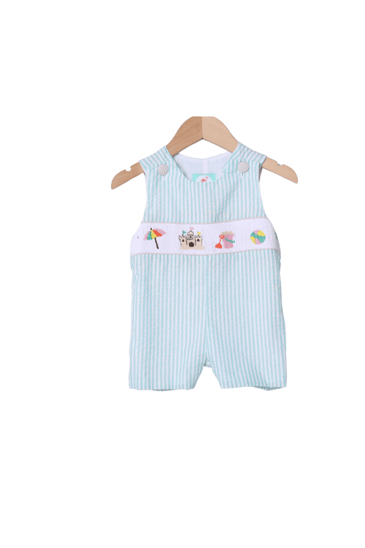 The Smocked Flamingo Smocked Beachy Beachy Mint Seersucker Jon Jon (Tan Button)