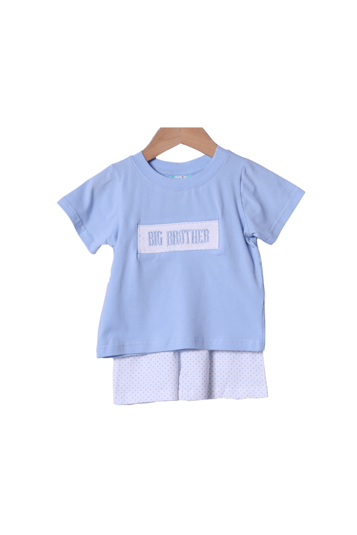 The Smocked Flamingo Smocked Big Brother Bitty Dot Blue Short Set