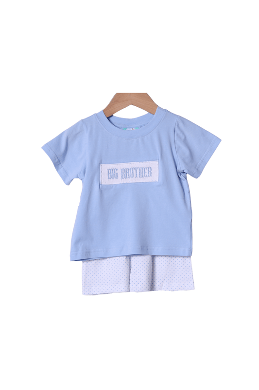 The Smocked Flamingo Smocked Big Brother Bitty Dot Blue Short Set