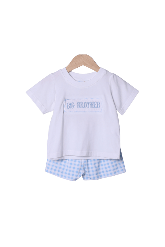 The Smocked Flamingo Smocked Big Brother Blue Gingham Short Set