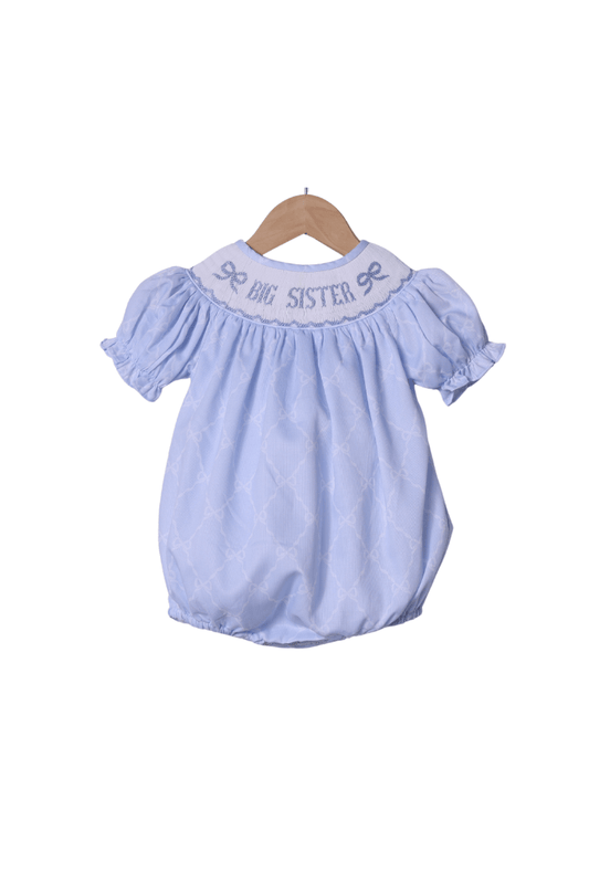 The Smocked Flamingo Smocked Big Sister Blue Bow Trellis Bubble