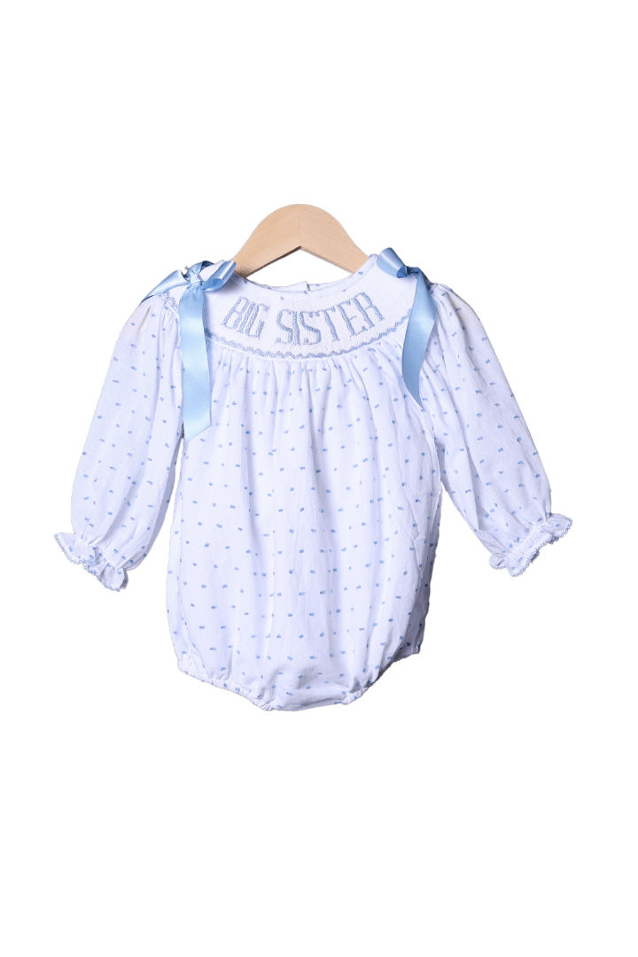 The Smocked Flamingo Smocked BLUE Swiss Dot Big Sister LONG Sleeve Bubble