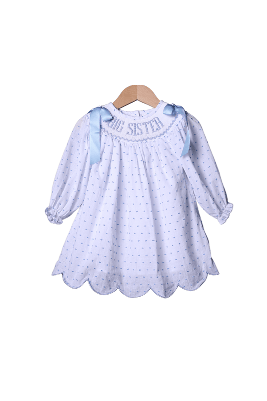 The Smocked Flamingo Smocked BLUE Swiss Dot Big Sister Long Sleeve Dress