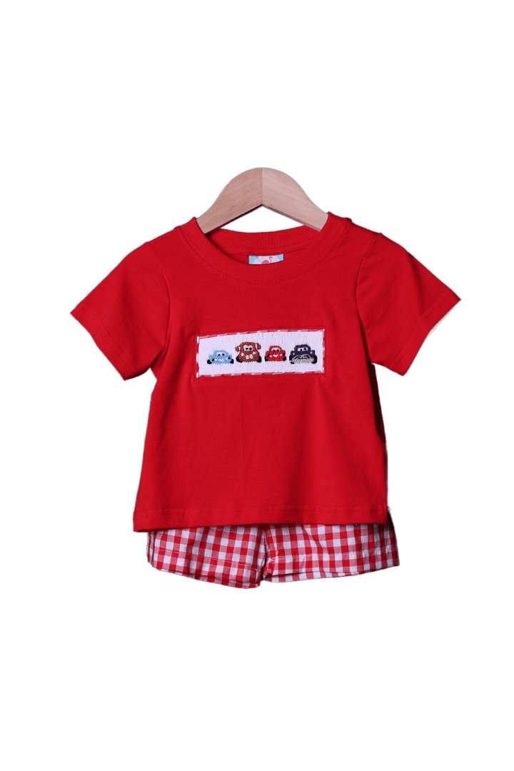 The Smocked Flamingo Smocked Car Red Gingham Short Set