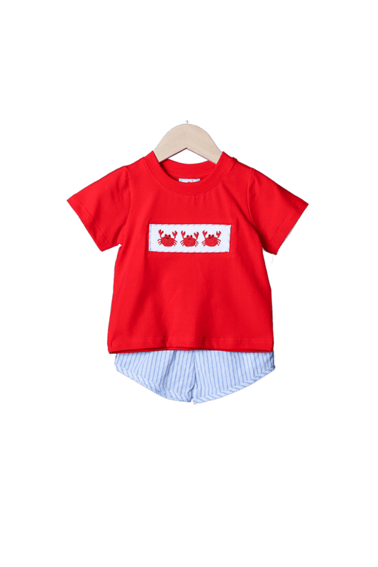 The Smocked Flamingo Smocked Crab Blue and Red Short Set