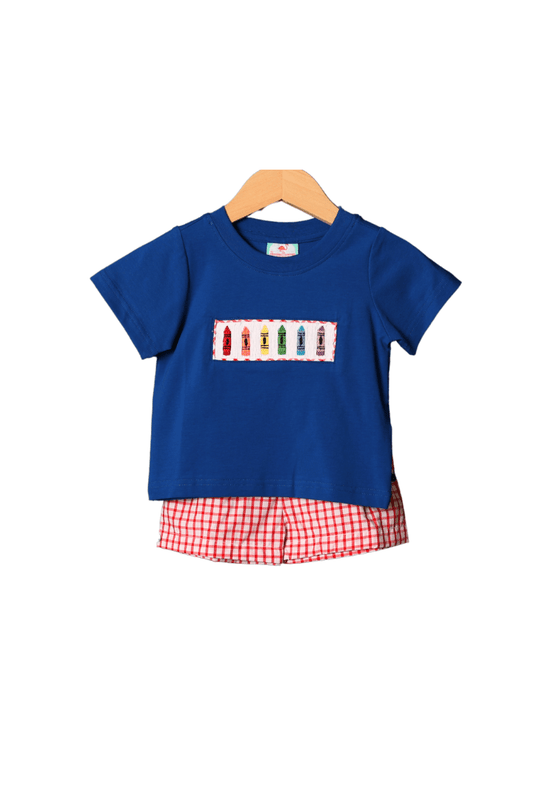 The Smocked Flamingo Smocked Crayon Red Windowpane Short Set