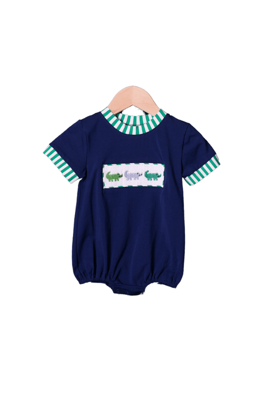 The Smocked Flamingo Smocked Crocodile Green Stripe/Navy Bubble