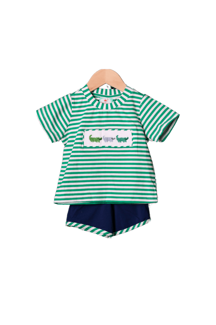 The Smocked Flamingo Smocked Crocodile Green Stripe Short Set