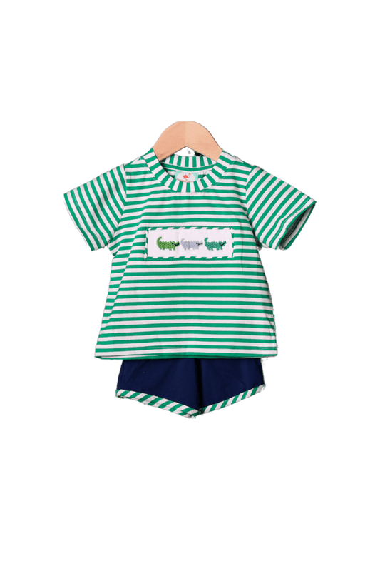 The Smocked Flamingo Smocked Crocodile Green Stripe Short Set