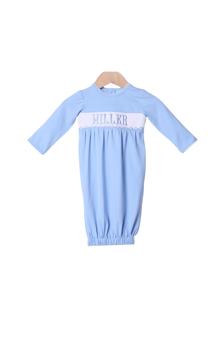 The Smocked Flamingo Smocked/Embroidered Custom Blue Knit Layette Gown