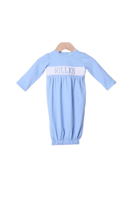 The Smocked Flamingo Smocked/Embroidered Custom Blue Knit Layette Gown