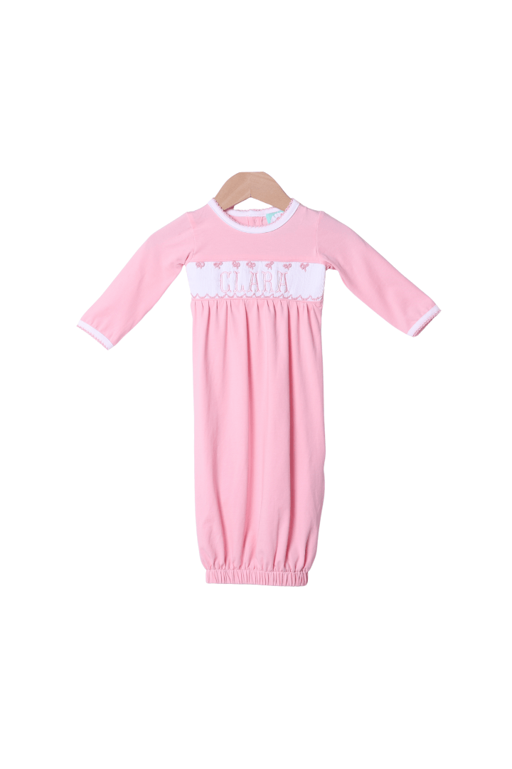 The Smocked Flamingo Smocked/Embroidered Custom Pink Knit Layette Gown