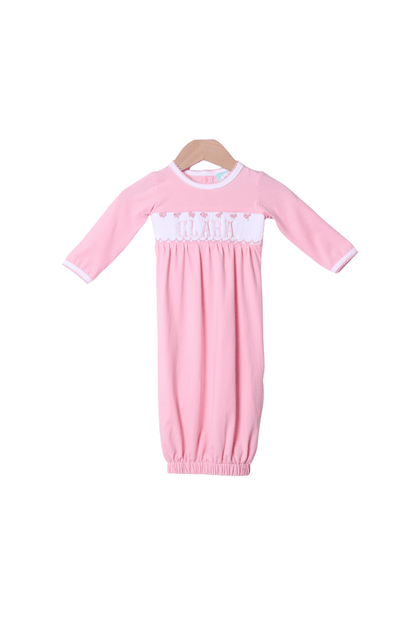 The Smocked Flamingo Smocked/Embroidered Custom Pink Knit Layette Gown