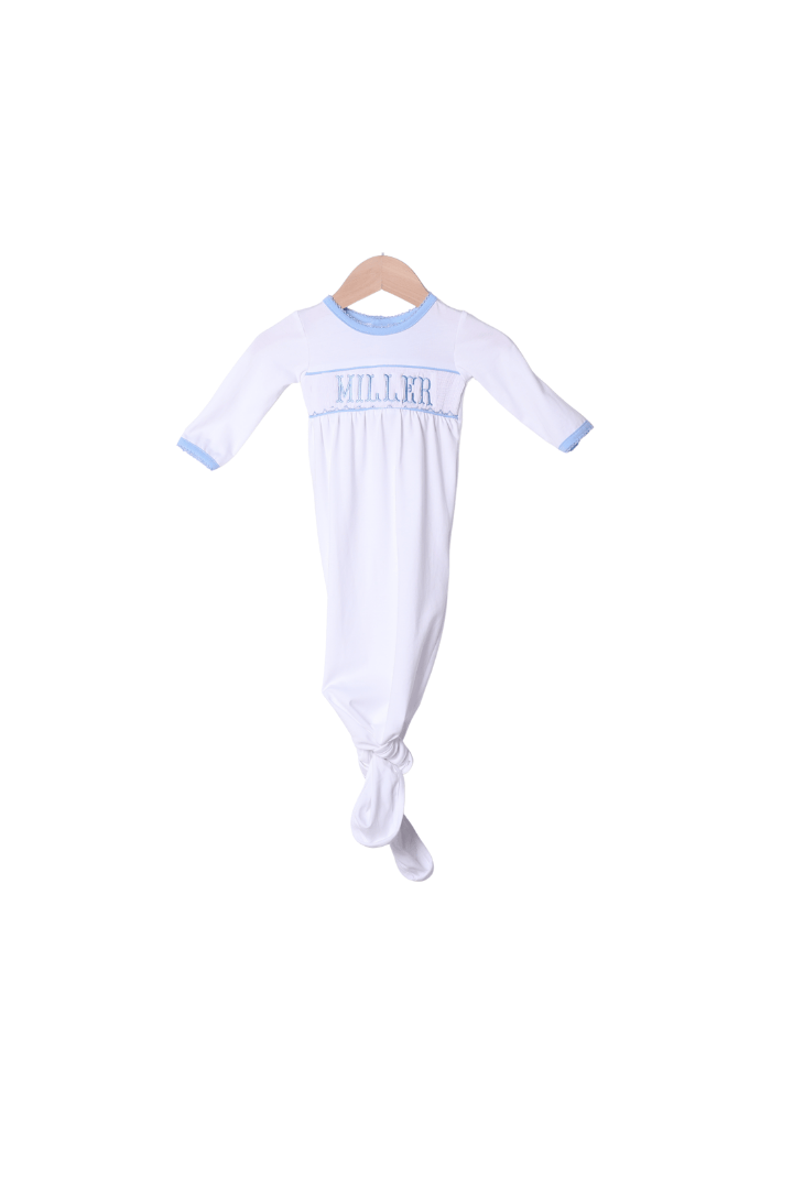 The Smocked Flamingo Smocked/Embroidered Custom White/Blue Knotted Baby Gown