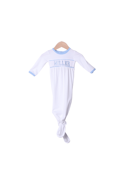 The Smocked Flamingo Smocked/Embroidered Custom White/Blue Knotted Baby Gown