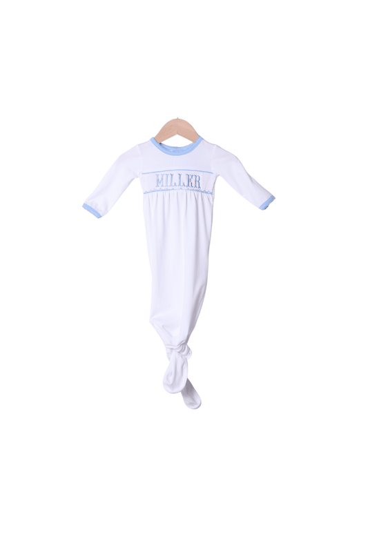 The Smocked Flamingo Smocked/Embroidered Custom White/Blue Knotted Baby Gown