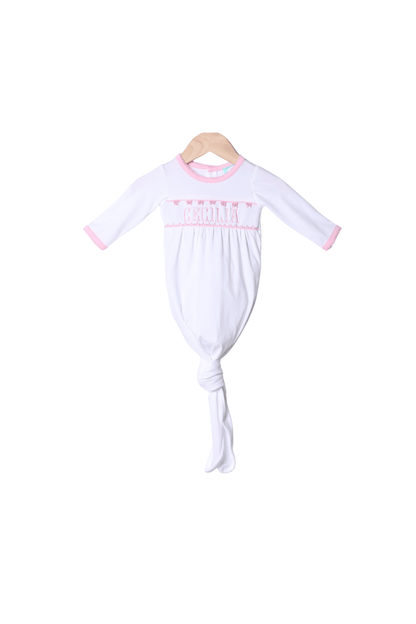 The Smocked Flamingo Smocked/Embroidered Custom White/Pink Knotted Gown