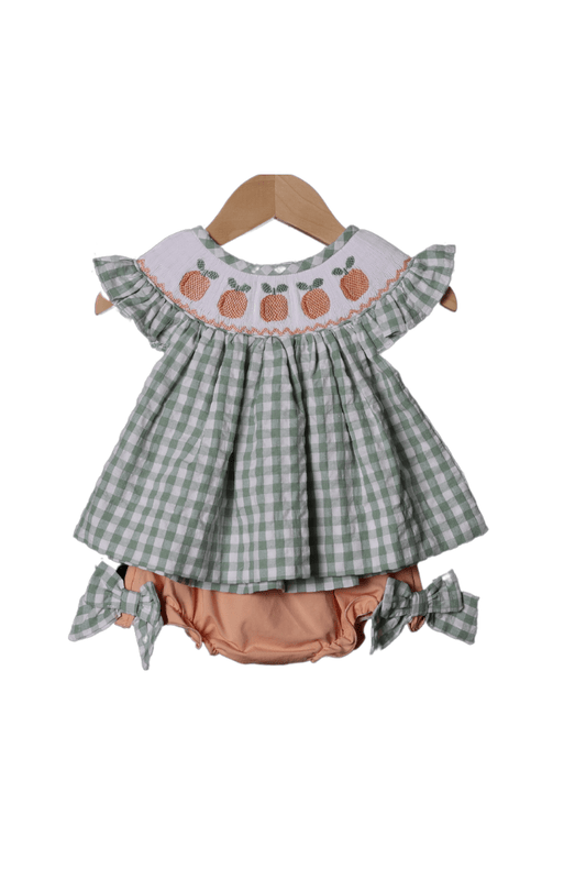 The Smocked Flamingo Smocked Georgia Peach Seersucker Set