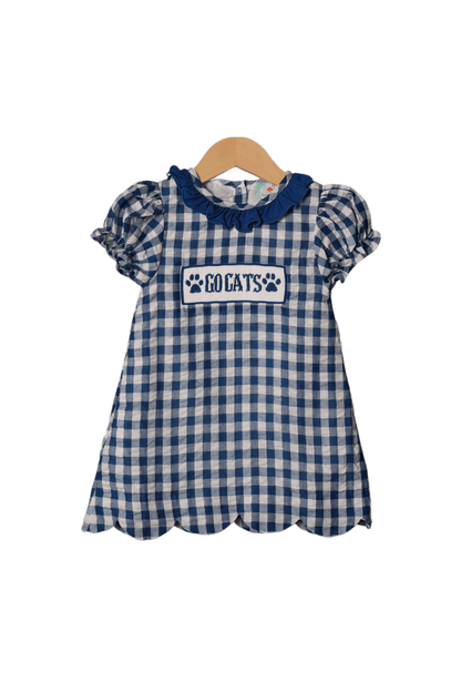 The Smocked Flamingo Smocked Go Cats Blue Gingham Dress