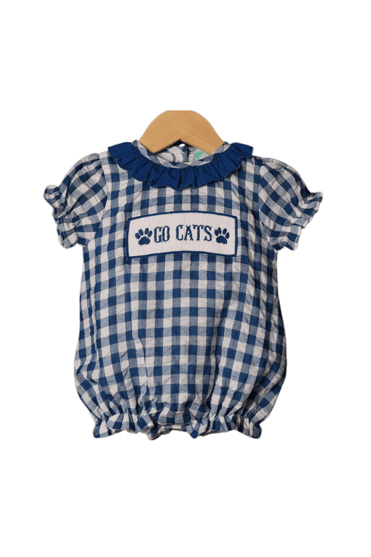 The Smocked Flamingo Smocked Go Cats Blue Ruffle Gingham Bubble