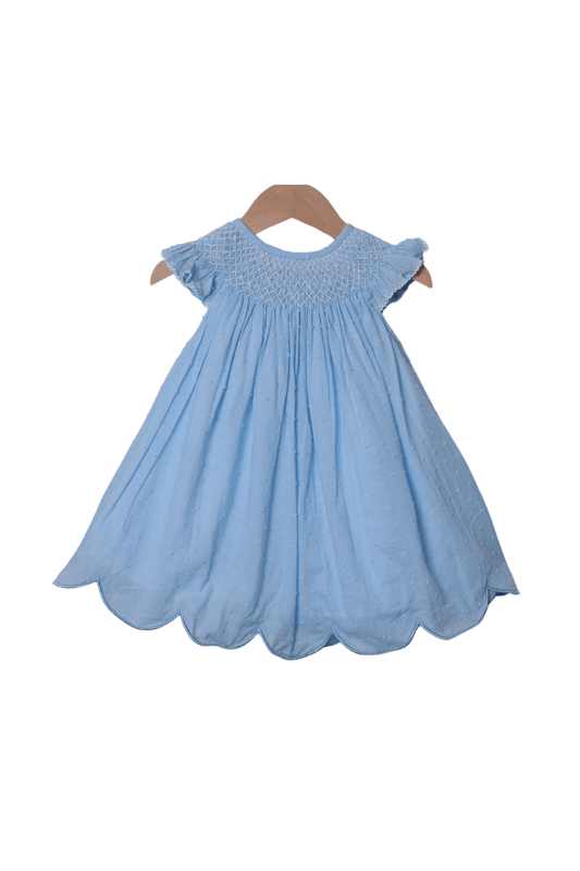 The Smocked Flamingo Smocked Heirloom Blue Swiss Dot Pearl Dress
