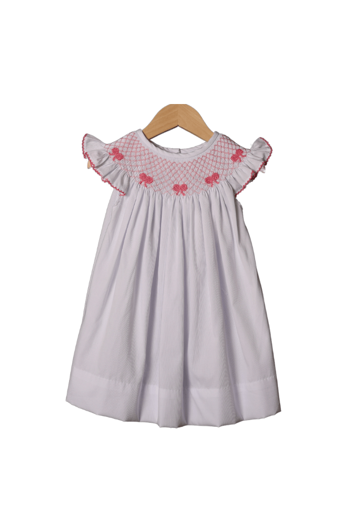 The Smocked Flamingo Smocked Heirloom Pink Bow White Pique Dress