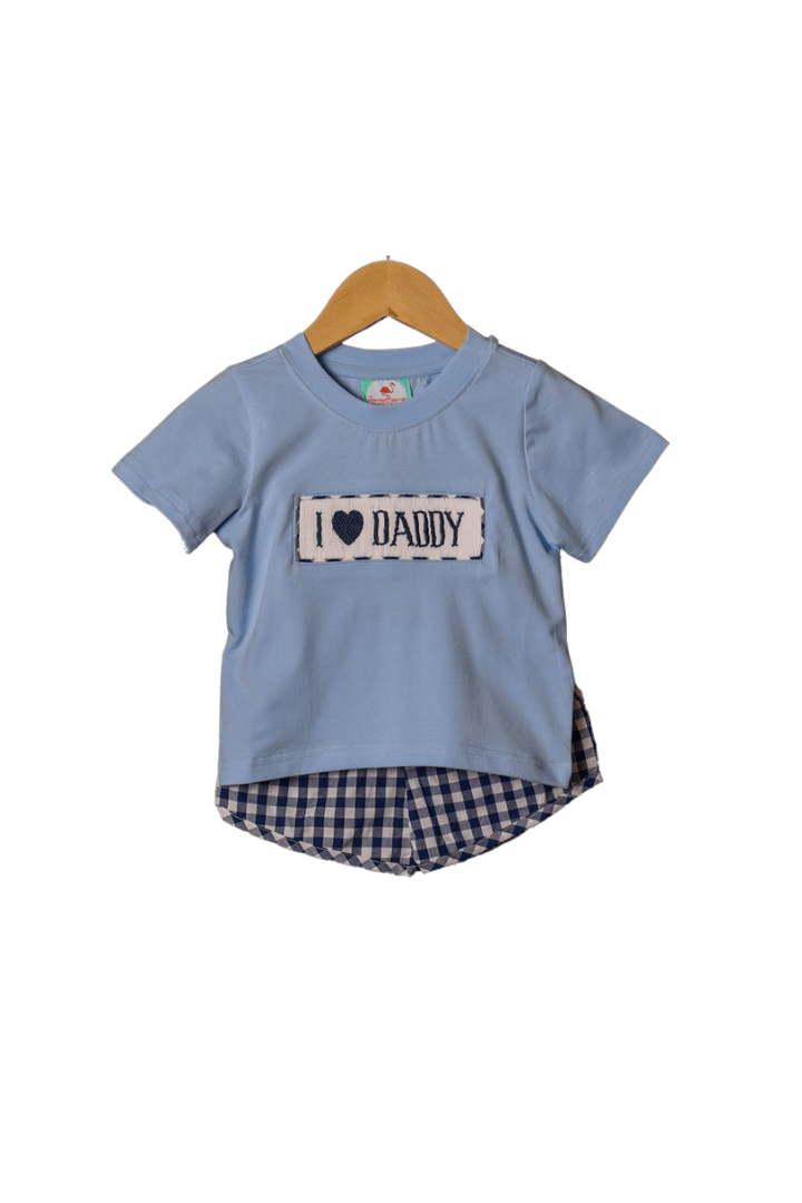 The Smocked Flamingo Smocked I Love Daddy Navy Gingham Short Set