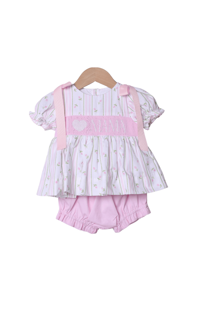 The Smocked Flamingo Smocked I Love Mama Rose Trellis Bow Bloomer Set