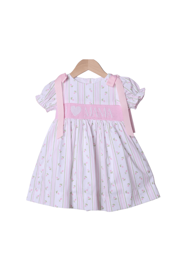 The Smocked Flamingo Smocked I Love Mama Rose Trellis Bow Dress