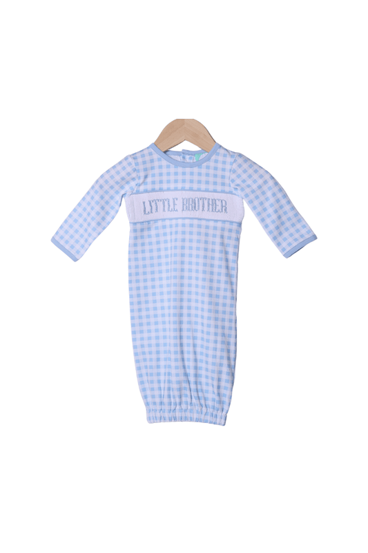 The Smocked Flamingo Smocked Little Brother Baby Blue Gingham Gown