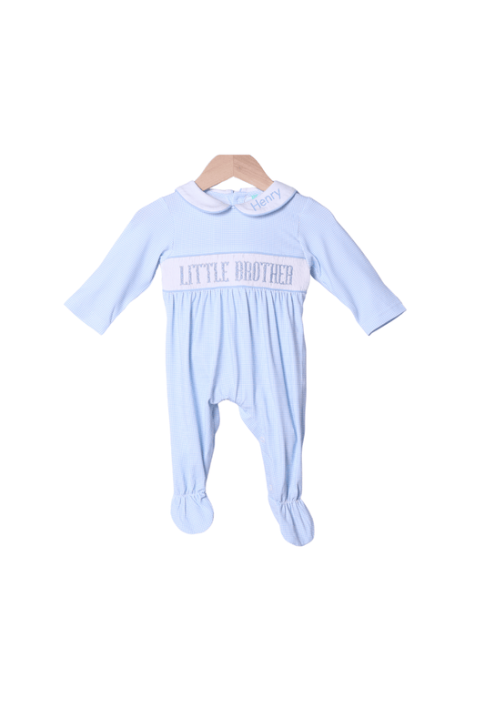 The Smocked Flamingo Smocked Little Brother Blue Gingham Footed Romper