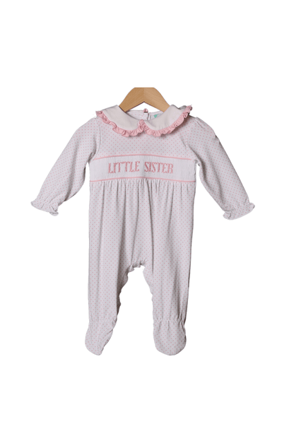 The Smocked Flamingo Smocked Little Sister Bitty Dot Footed Romper