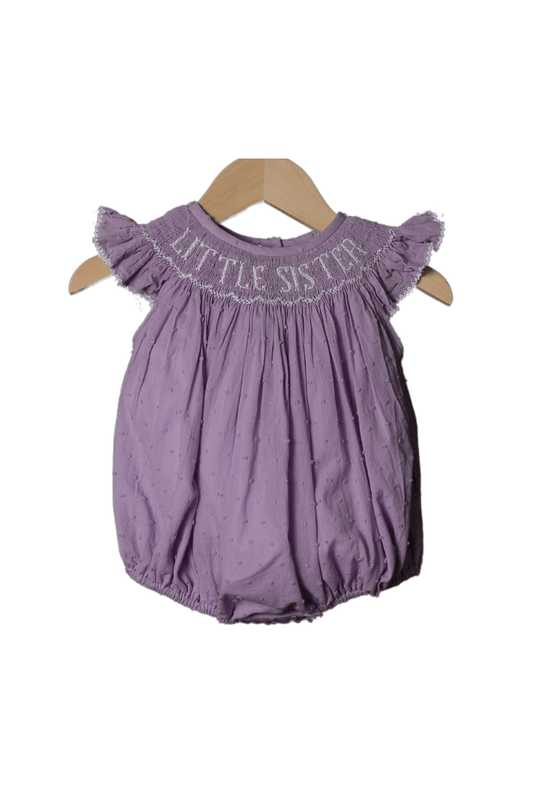 The Smocked Flamingo Smocked Little Sister Lavender Swiss Dot Bubble