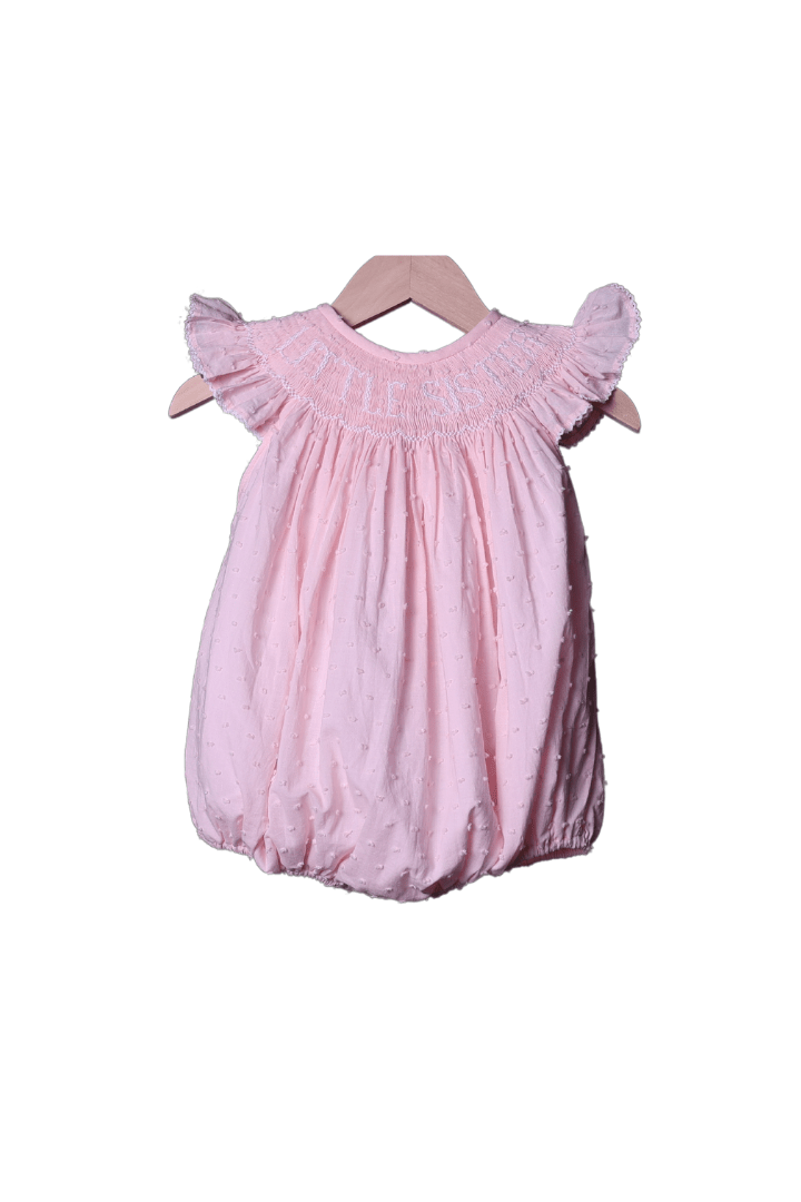 The Smocked Flamingo Smocked Little Sister Pink Swiss Dot Bubble