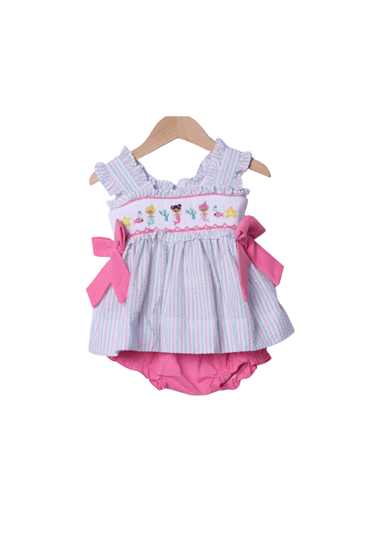 The Smocked Flamingo Smocked Mermaid Pink and Mint Seersucker Bloomer Set