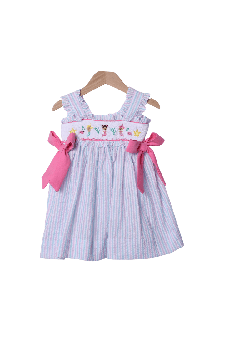 The Smocked Flamingo Smocked Mermaid Pink and Mint Seersucker Dress