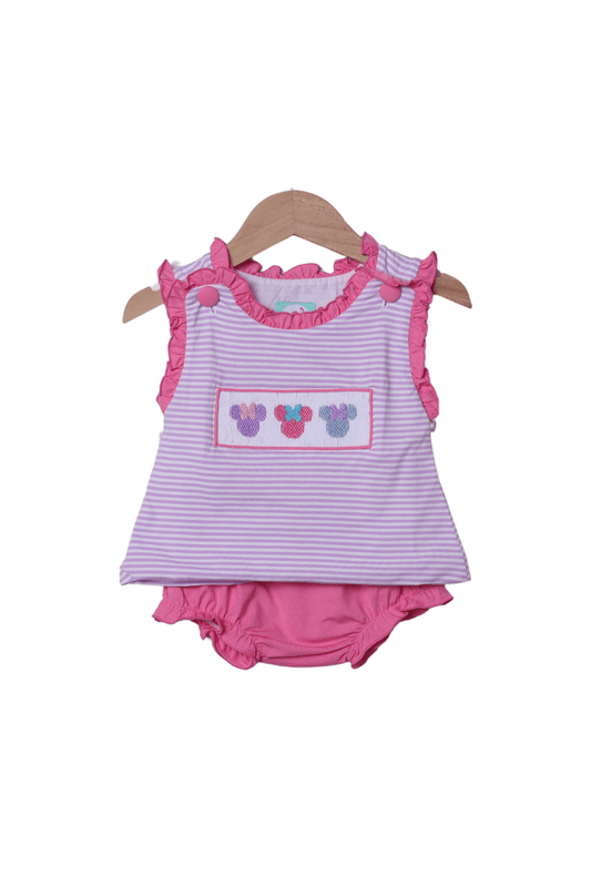 The Smocked Flamingo Smocked Mouse Lavender Stripe Bloomer Set