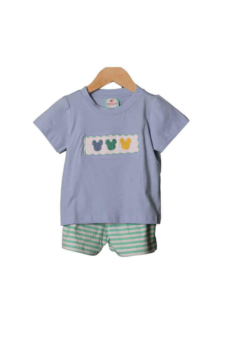 The Smocked Flamingo Smocked Mouse Mint/Blue Striped Short Set