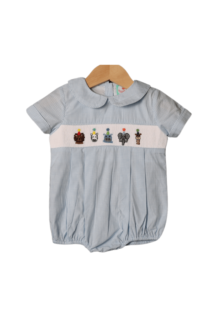 Periwinkle Gingham Bubble With Dinosaurs Smocking