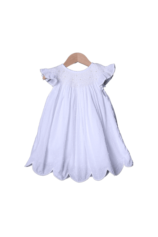 The Smocked Flamingo Smocked Pearl White  Dot Dress