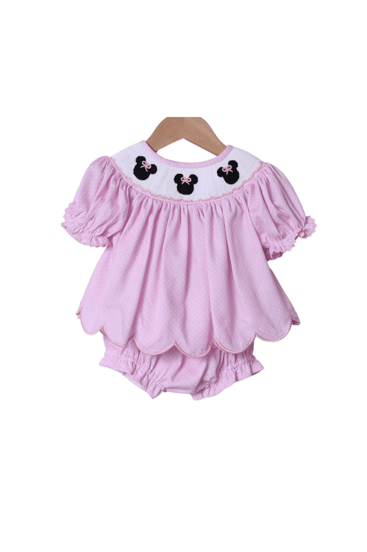 The Smocked Flamingo Smocked Pink Bitty Dot Mouse Bloomer Set