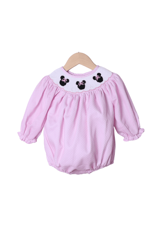 The Smocked Flamingo Smocked Pink Bitty Dot Mouse Long Sleeve Bubble